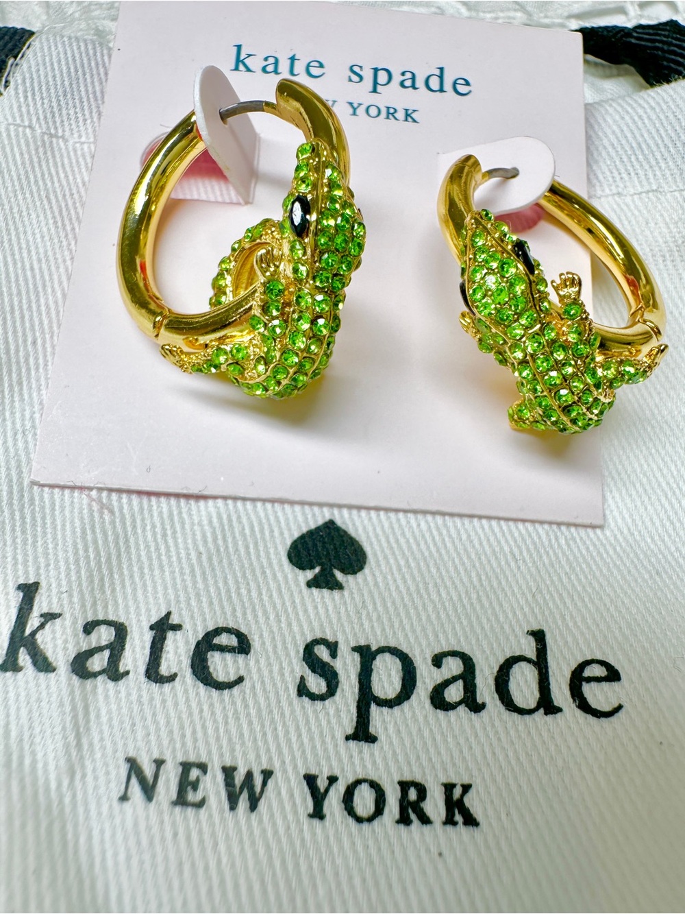 kate spade Gold Hoop Earrings with Lime Green Crystal Alligator Accents